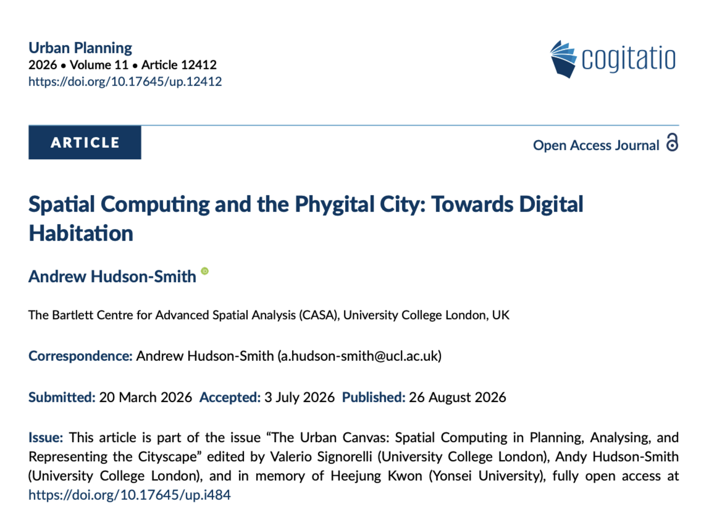 Opening page of Spatial Computing and the Phygital City: Towards Digital Habitation, Urban Planning, Vol 11, Article 12412