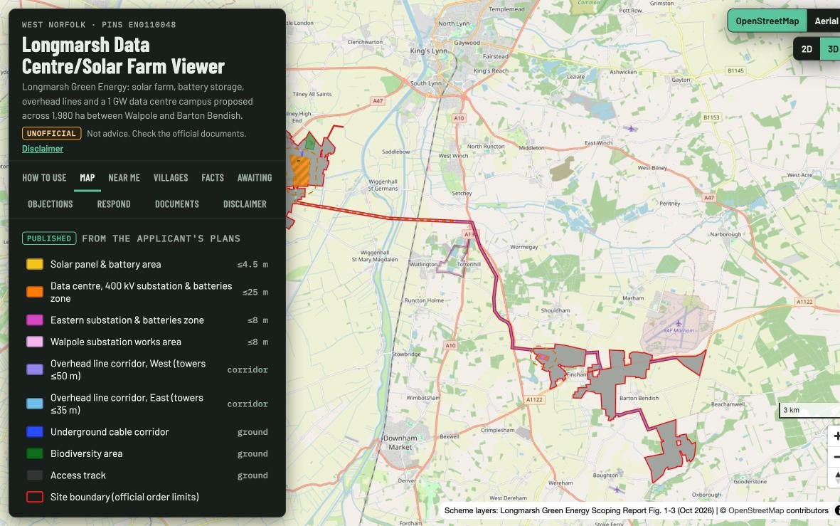 Longmarsh viewer showing the whole scheme on OpenStreetMap, from Walpole to Barton Bendish