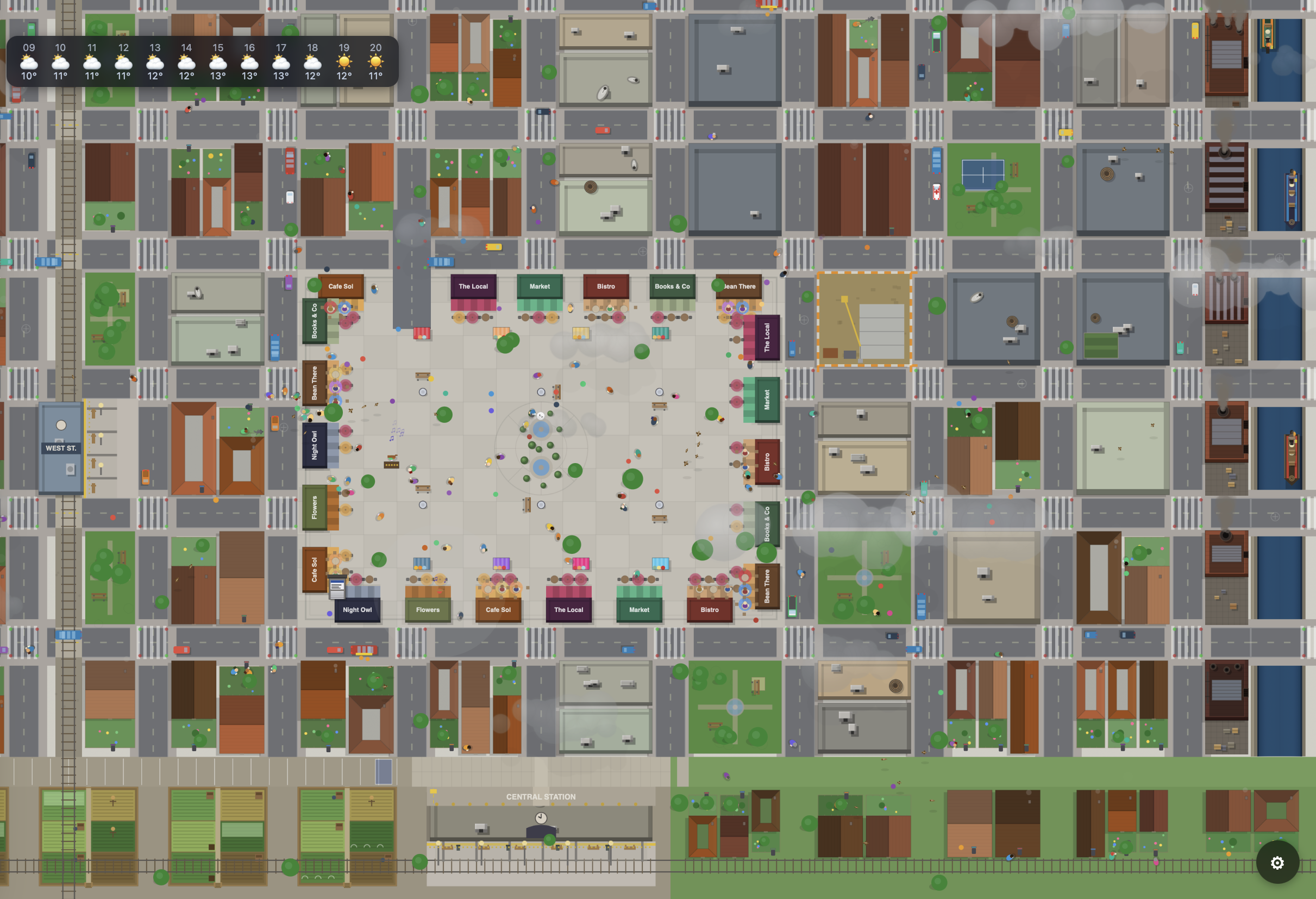 The full city with the train line and canals